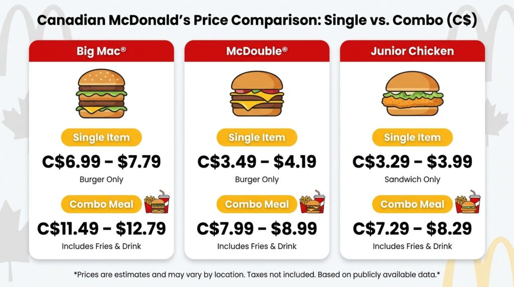 Price and value comparison breakdown between the McDonald's Big Mac, McDouble, and Junior Chicken in Canada
