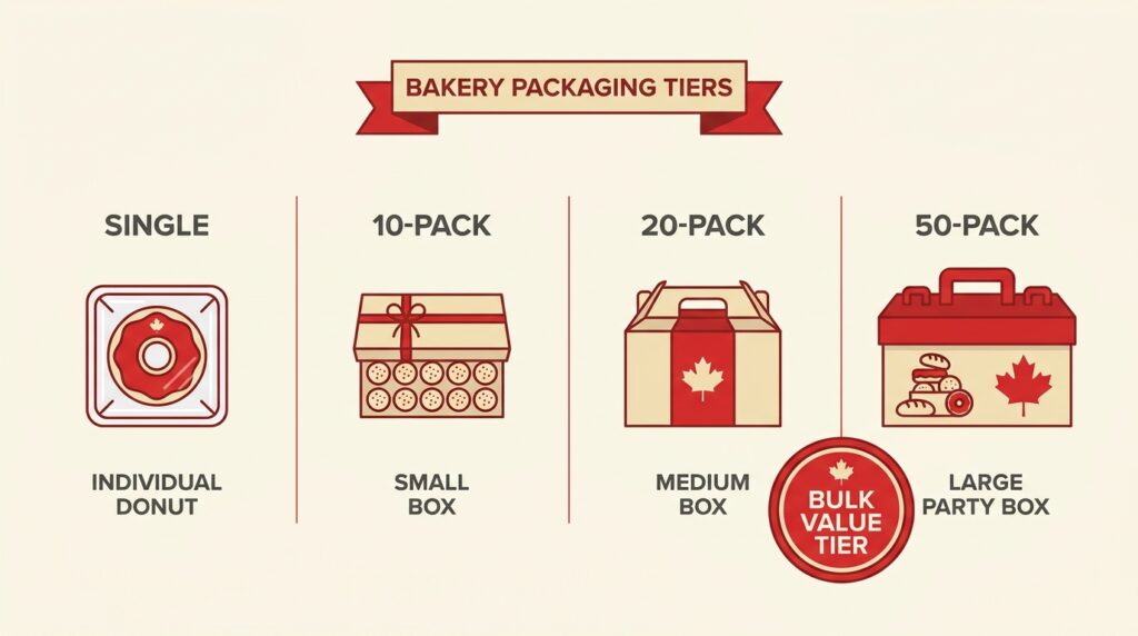 Infographic displaying Tim Hortons bakery packaging tiers from single donuts to 50-pack Timbits boxes with bulk savings badges