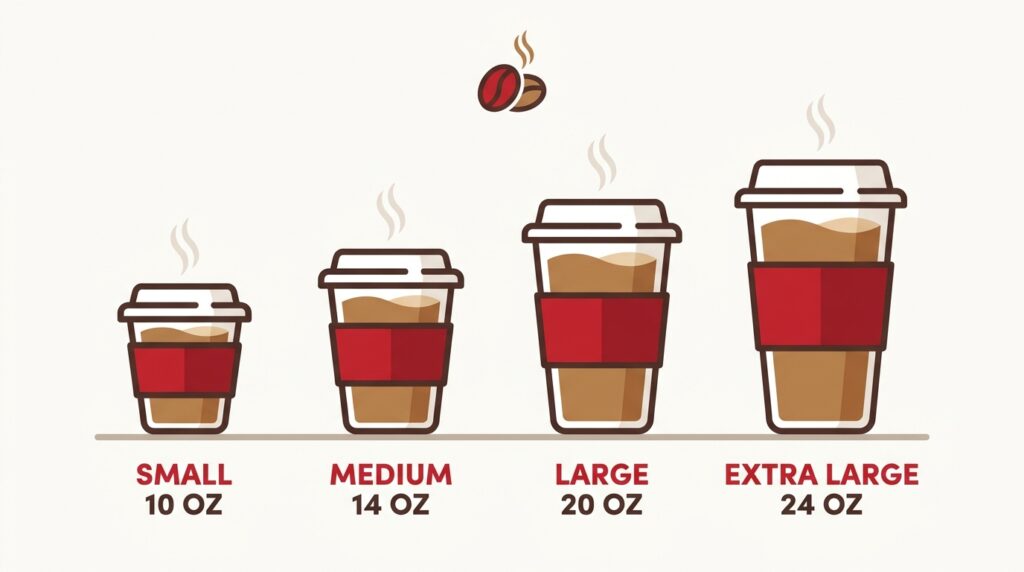 Vector diagram illustrating Tim Hortons cup sizes Small 10 oz, Medium 14 oz, Large 20 oz, and Extra Large 24 oz