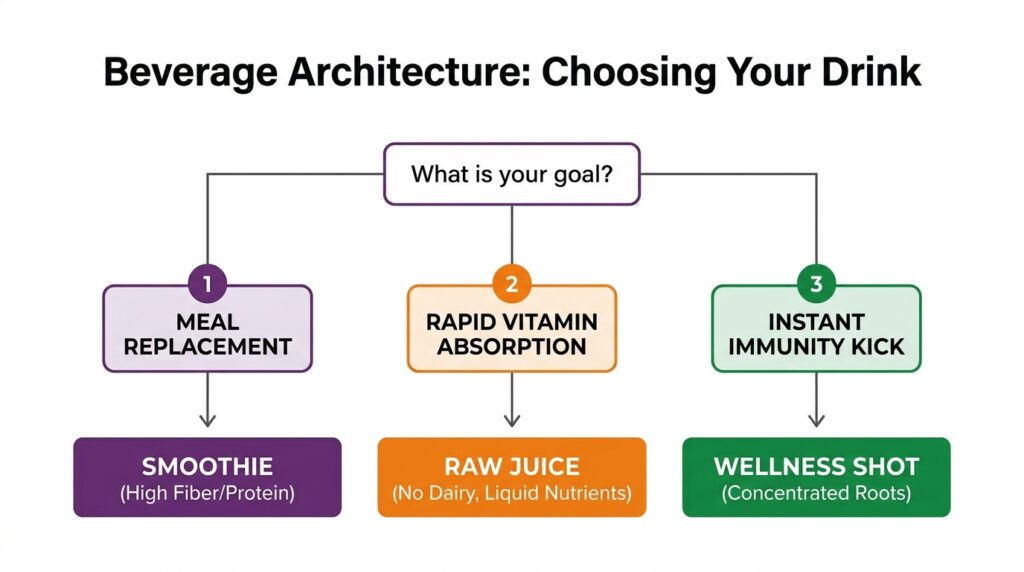  A visual decision tree helping Booster Juice customers decide between a blended smoothie, a raw fresh-squeezed juice, or a concentrated wellness shot based on their dietary goals