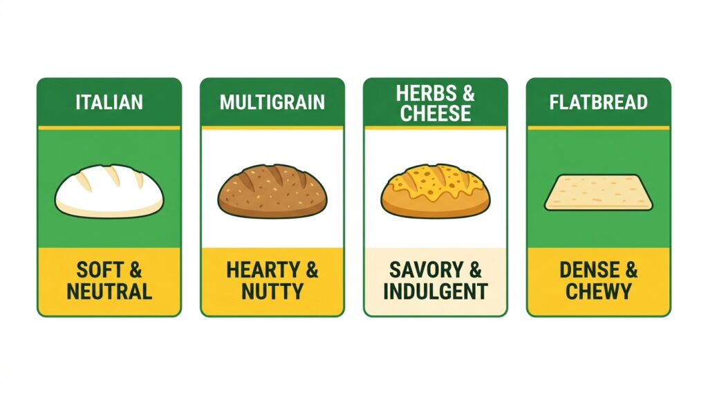 Visual comparison card illustrating the texture and flavor profiles of the four primary Subway bread options in Canada.