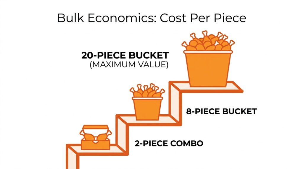 A visual packaging ladder showing the progression and per-piece cost savings from a 2-piece combo up to a 20-piece family bucket at Popeyes