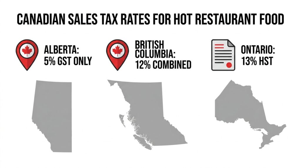 Infographic mapping the Canadian sales tax application on prepared restaurant food across major provinces, highlighting the varying final costs of a pizza