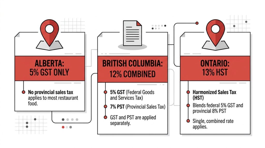 Infographic mapping the Canadian sales tax application on prepared restaurant food across major provinces