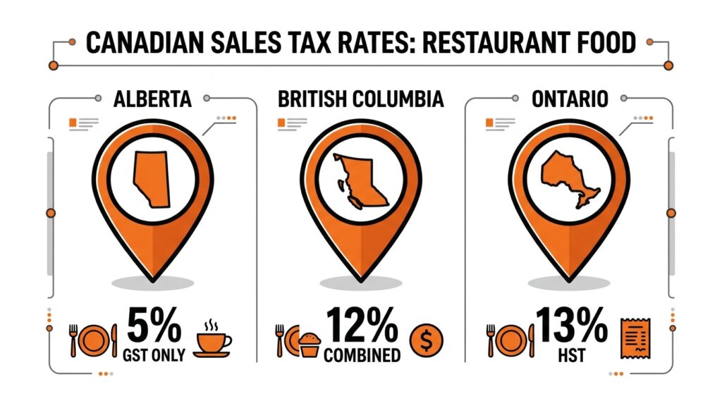 Infographic mapping the Canadian sales tax application on prepared restaurant food across major provinces