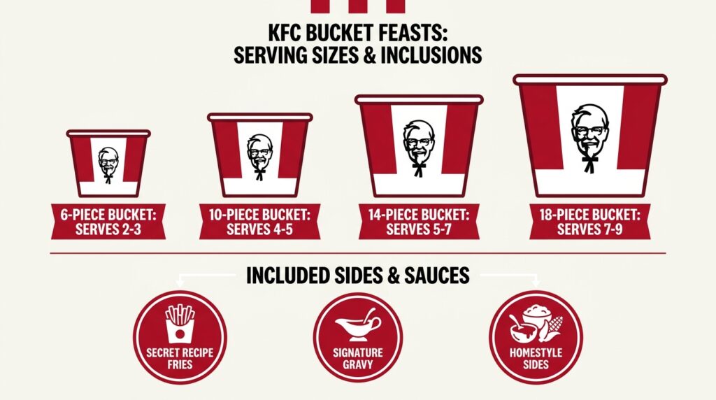 Vector infographic comparing KFC Canada chicken bucket sizes from 6-piece to 18-piece with feast side inclusions