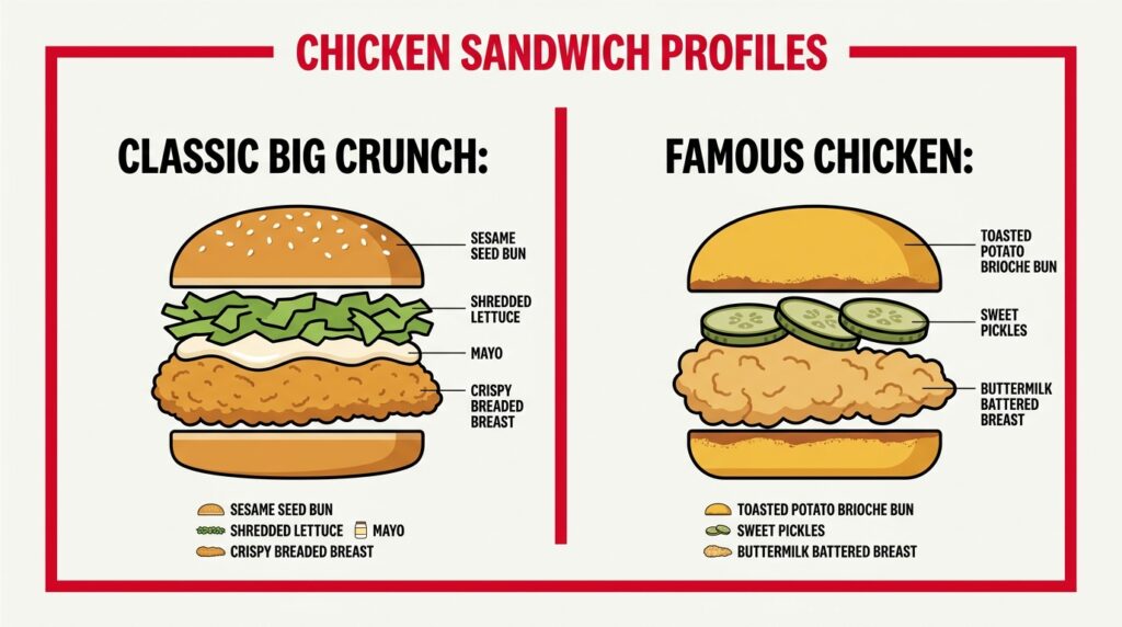 Diagram comparing KFC Canada Big Crunch and Famous Chicken Sandwich breading and ingredients