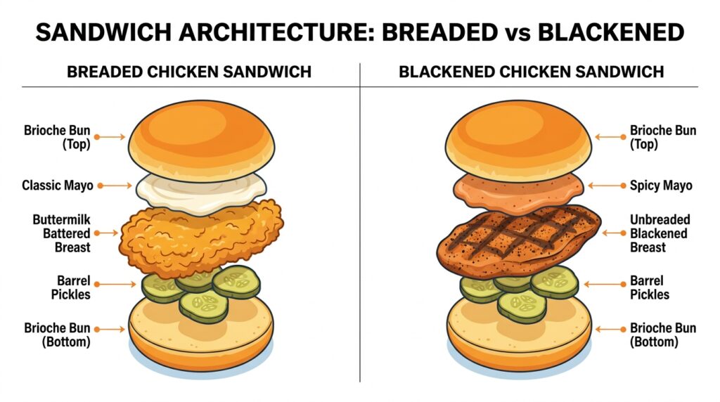 A visual layer breakdown of the Popeyes Classic Chicken Sandwich versus the Blackened Chicken Sandwich, comparing the breaded versus unbreaded chicken breasts