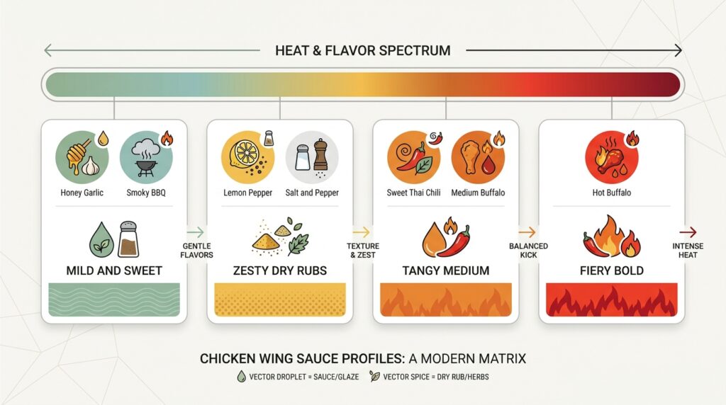 Visual flavor matrix and heat-gauge infographic categorizing Boston Pizza wing sauces from mild and sweet to fiery hot