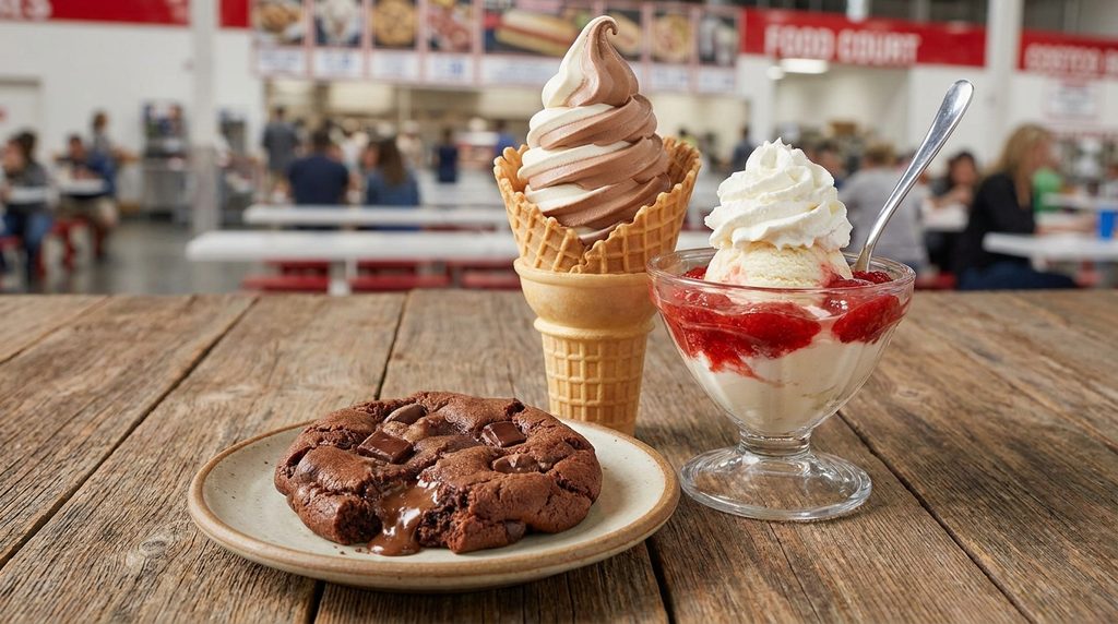 Costco food court desserts including chocolate chunk cookie and soft serve ice cream sundae