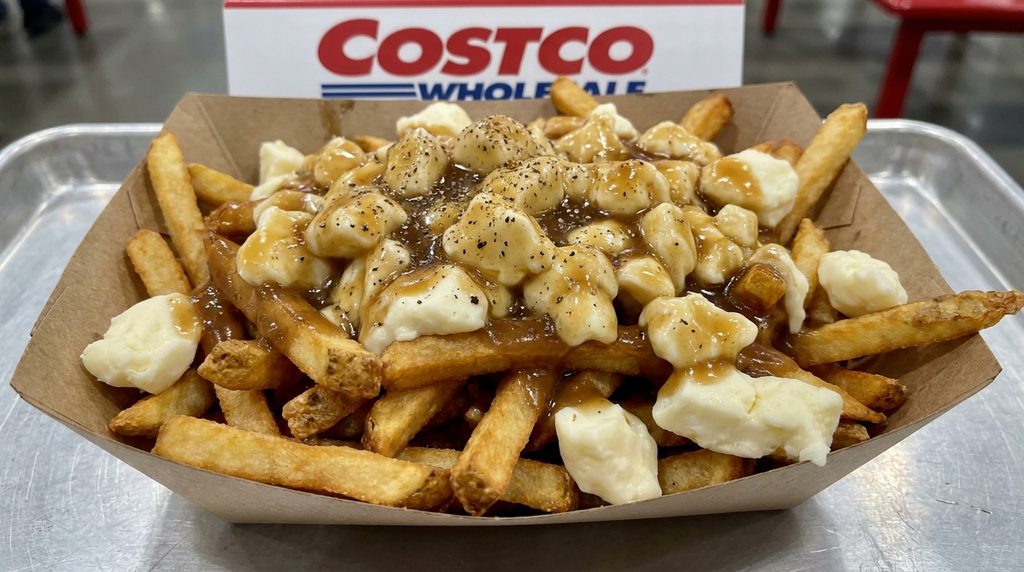 Fresh Costco Canada poutine topped with real Quebec cheese curds and gravy
