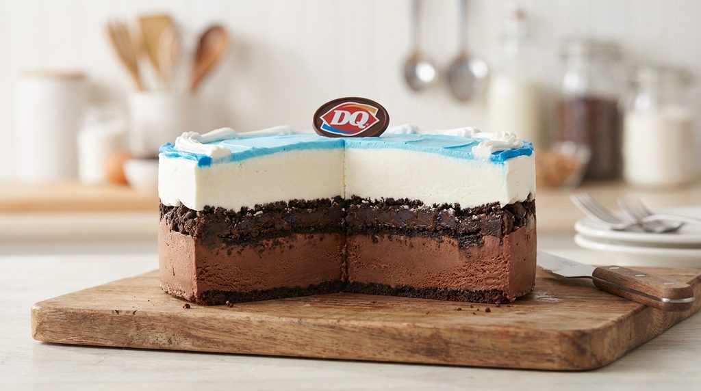 Cross-section of a Dairy Queen ice cream cake showing vanilla and chocolate soft serve with cold fudge and chocolate cookie crunch centre