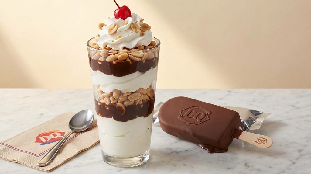 Dairy Queen Peanut Buster Parfait layered with hot fudge and Spanish peanuts beside an unwrapped chocolate Dilly Bar