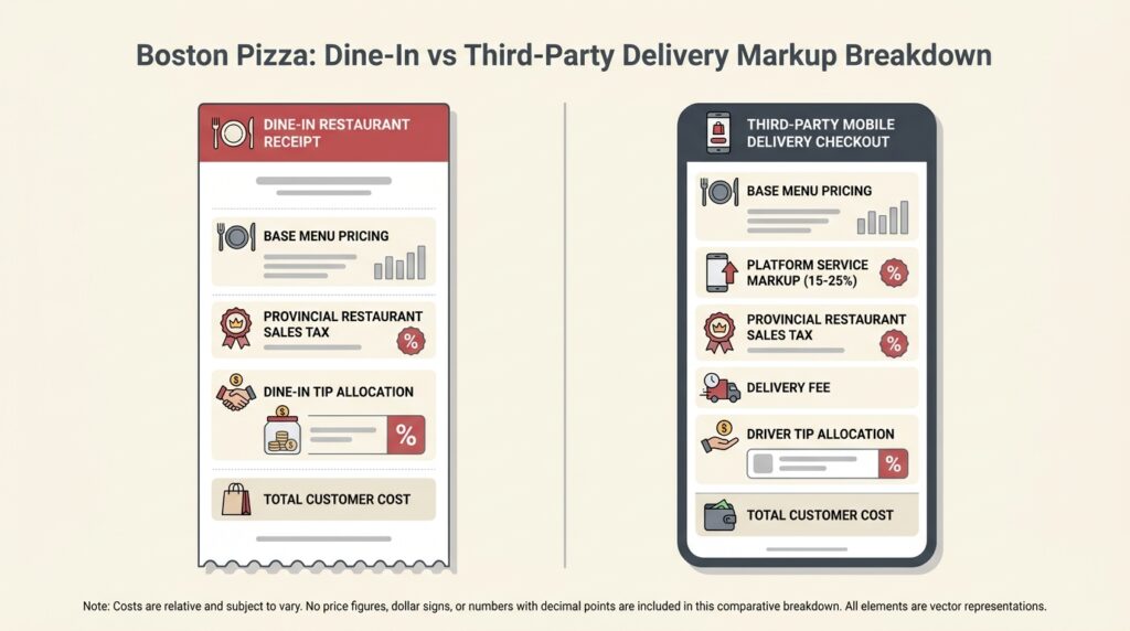 Infographic comparison card comparing in-restaurant Boston Pizza pricing against third-party delivery apps like SkipTheDishes, DoorDash, and Uber Eats