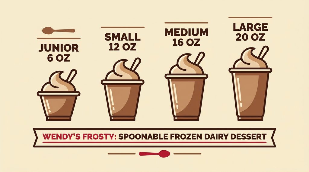Vector diagram illustrating Wendy's Frosty cup sizes Junior 6 oz, Small 12 oz, Medium 16 oz, and Large 20 oz