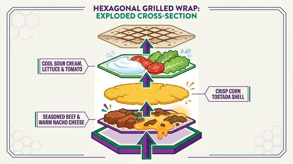 Architectural diagram of a Taco Bell Crunchwrap Supreme showing internal ingredient layers and griddled hexagonal tortilla