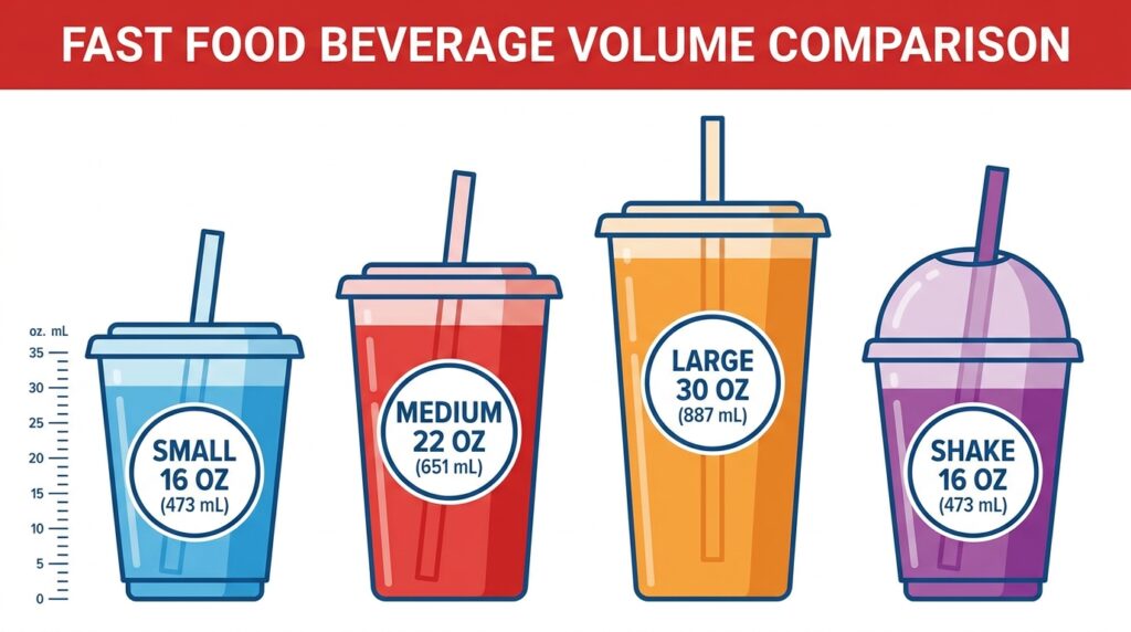 Infographic comparing the volume in ounces and milliliters of Arby's Small, Medium, and Large cups alongside Handcrafted Shake sizes