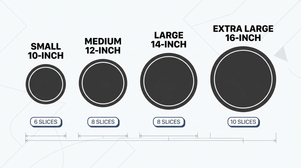 Infographic comparing Papa John's Small, Medium, Large, and Extra Large pizza sizes, showing inches and total slices for each