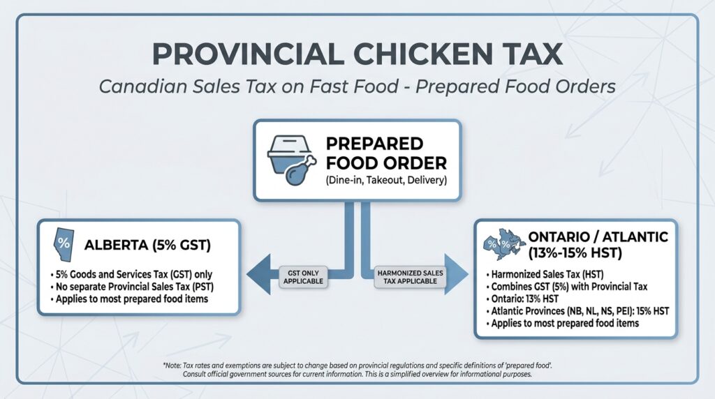 Flowchart illustrating how provincial sales tax is applied to fast food chicken orders across different Canadian provinces
