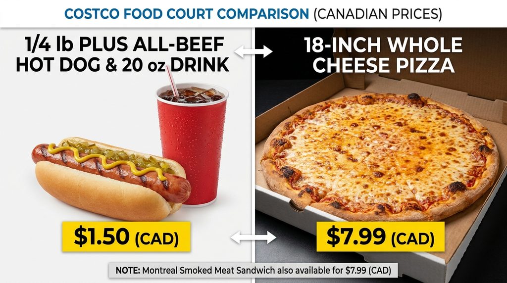 Visual comparison of the Costco Canadian all-beef hot dog combo and whole cheese pizza with prices