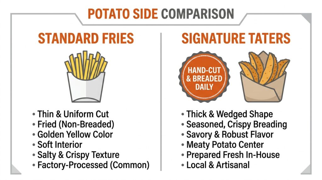 Visual category card comparing the composition of traditional french fries versus Mary Brown's proprietary breaded Taters