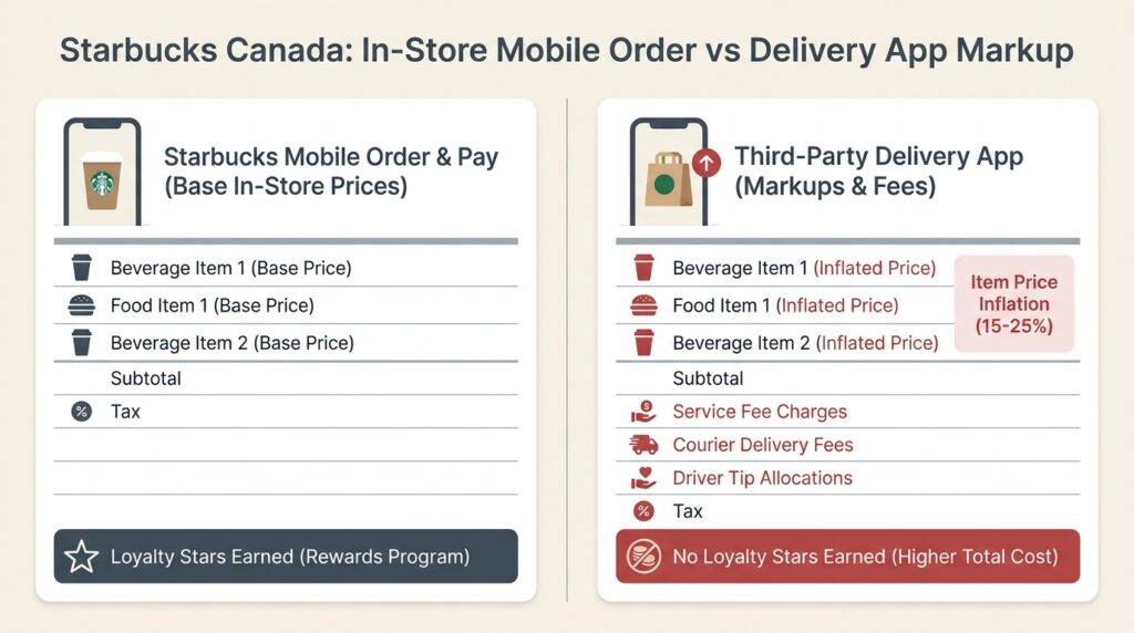 Visual vector comparison illustrating the cost stacking breakdown of ordering Starbucks in-store versus third-party delivery apps like Uber Eats and DoorDash