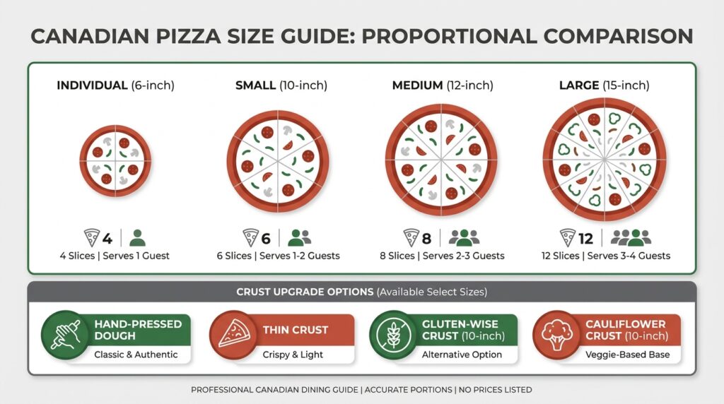 2D vector infographic illustrating Boston Pizza Canadian pizza sizes from Individual 6-inch to Large 15-inch with slice counts and crust upgrade options.