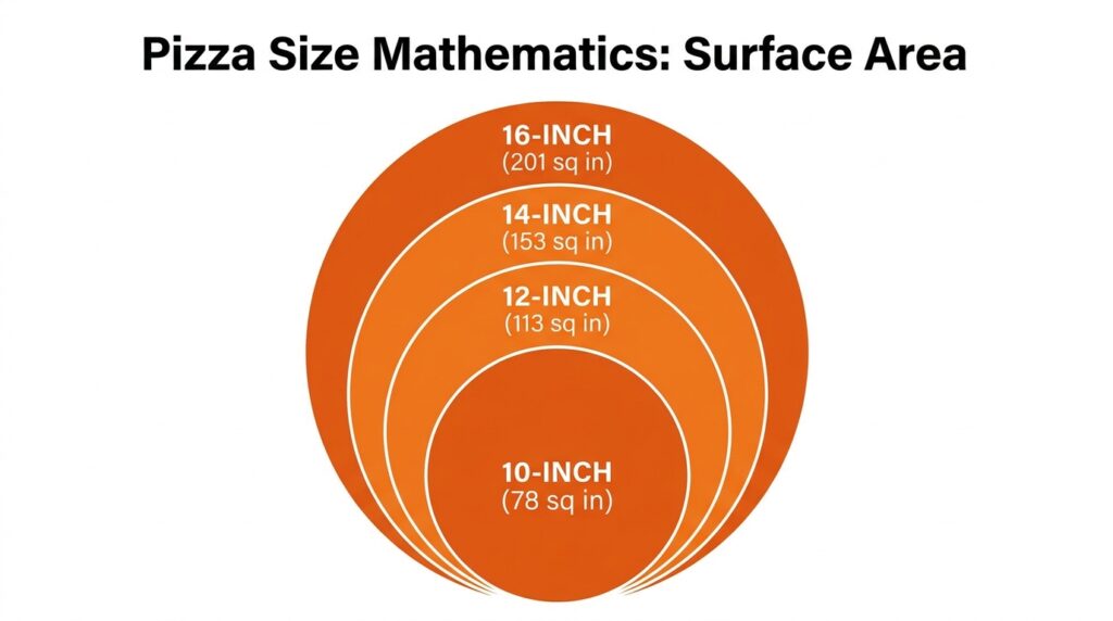 A geometric area comparison chart showing the size difference between a 10-inch, 12-inch, 14-inch, and 16-inch pizza to illustrate total food volume