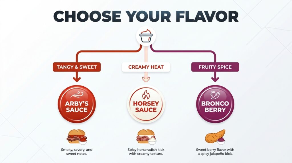 Visual decision tree infographic helping users choose between Arby's Sauce, Horsey Sauce, Bronco Berry, and Ranch based on flavor profile