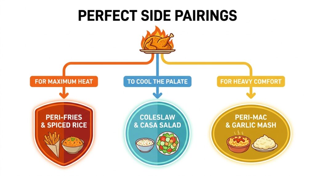 Visual guide recommending the best Nando's side dishes to pair with different spice levels of chicken