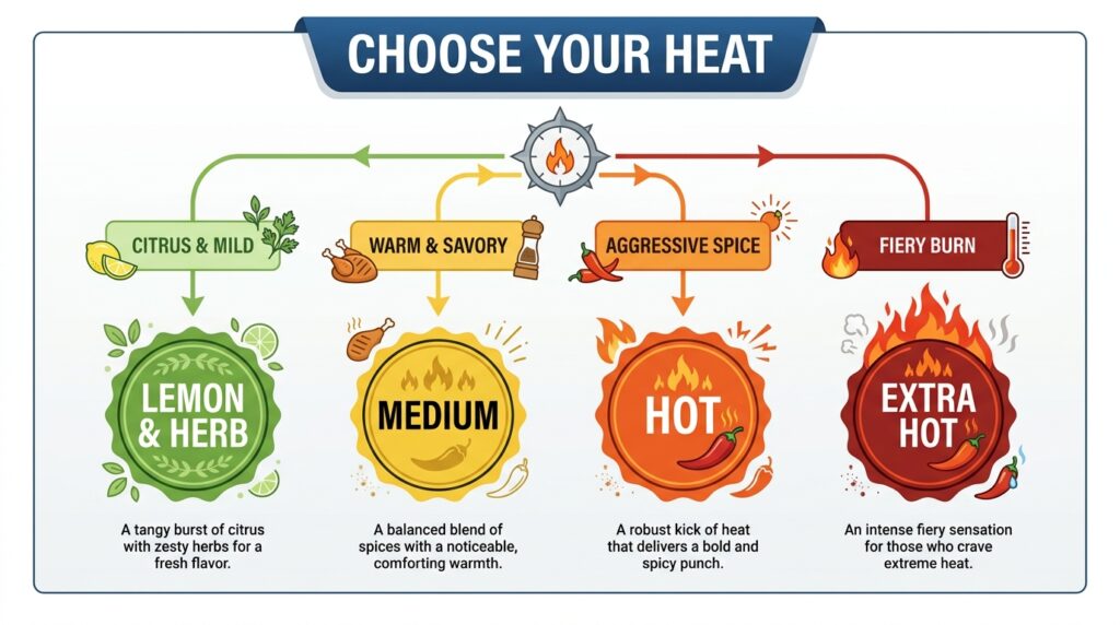 Visual guide categorizing the Nando's PERi-PERi heat scale from Lemon & Herb up to Extra Hot