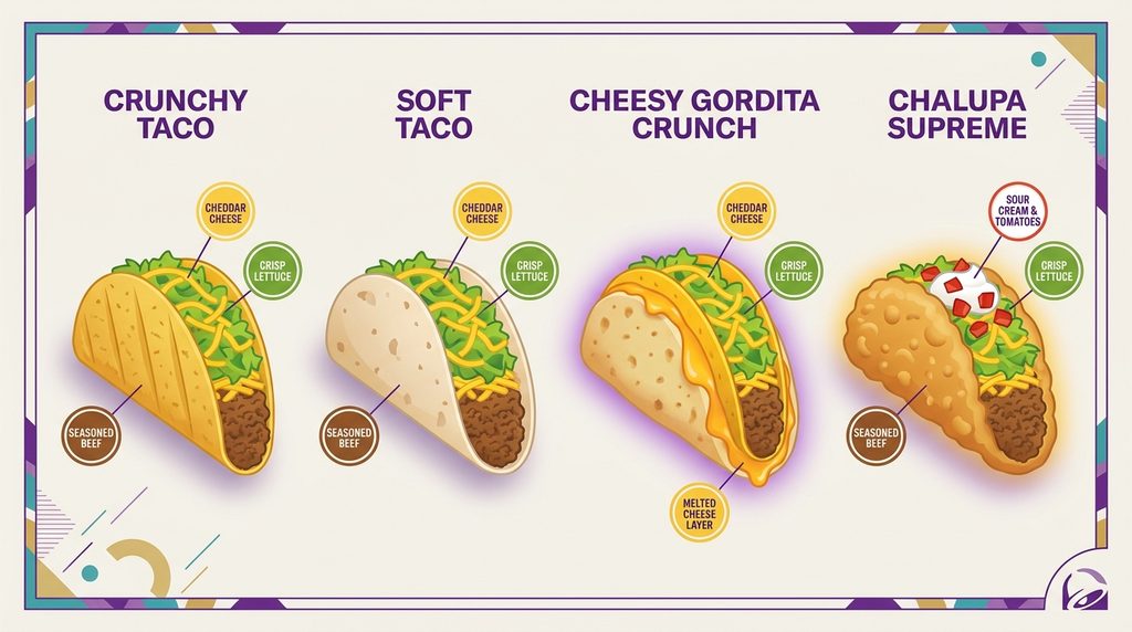 Vector diagram illustrating Taco Bell taco shell architectures from crunchy corn to Cheesy Gordita Crunch and Chalupa flatbread