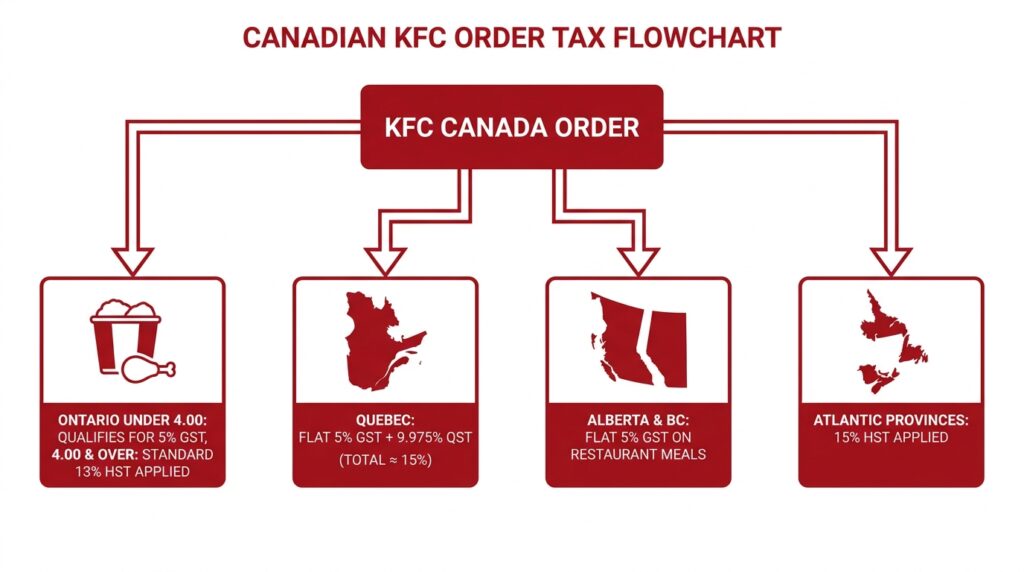 Flowchart showing Canadian provincial sales tax rules for KFC orders including Ontario sub-four-dollar tax rebate