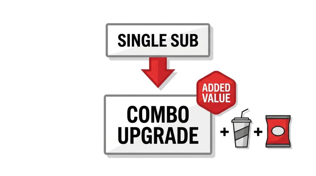 Infographic flow chart showing the savings ladder when upgrading from a single sub to a complete combo meal