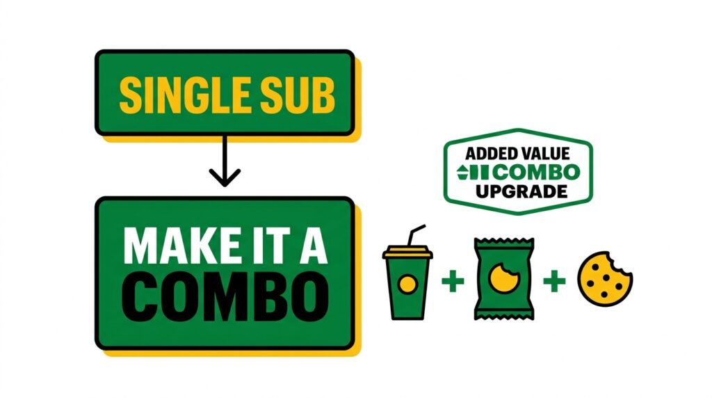 Infographic flow chart showing the savings ladder when upgrading from a single sub to a complete combo meal