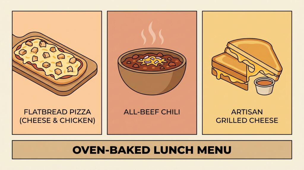 Visual comparison card featuring Tim Hortons oven-baked items including Simply Cheese flatbread pizza, all-beef chili, and grilled cheese
