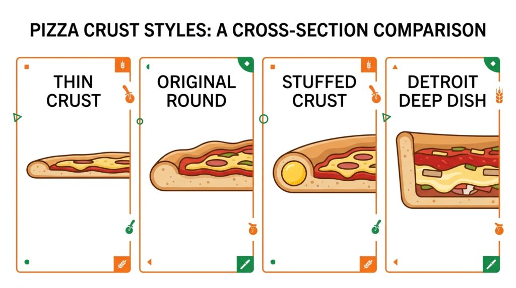 Vector infographic comparing the side profile thickness of a Thin Crust, Original Round Crust, Stuffed Crust, and Detroit Deep Dish pizza
