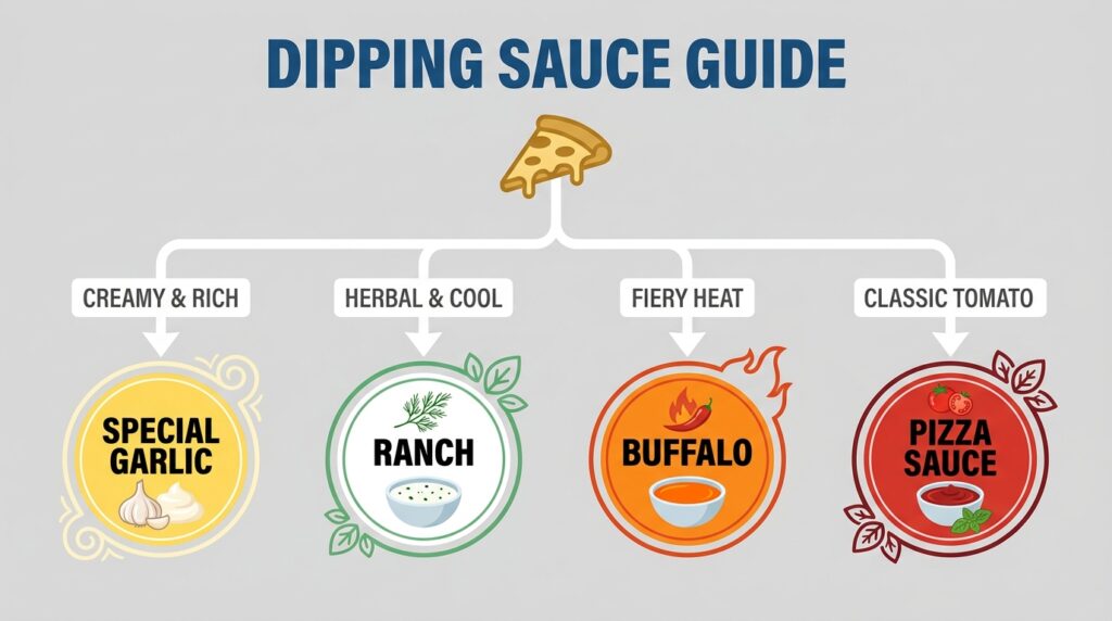 Visual guide categorizing Papa John's dipping sauces by flavor profile: creamy, spicy, sweet, and savory