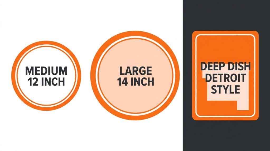 Vector infographic showing Little Caesars pizza sizes from medium 12 inch circular to large 14 inch and deep dish rectangular