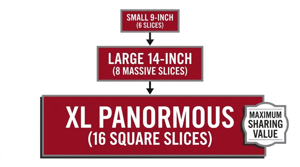 Infographic flow chart showing the volume savings ladder when upgrading from a Small pizza to an XL Panormous