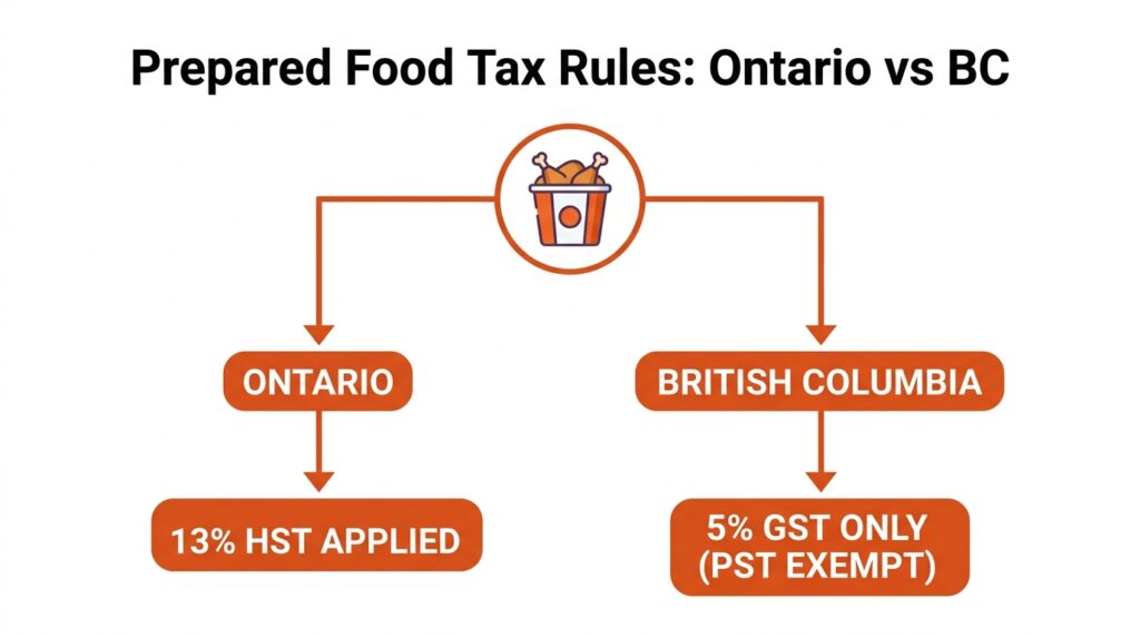 A visual decision tree showing Canadian sales tax implications for prepared fast food items in Ontario versus British Columbia.