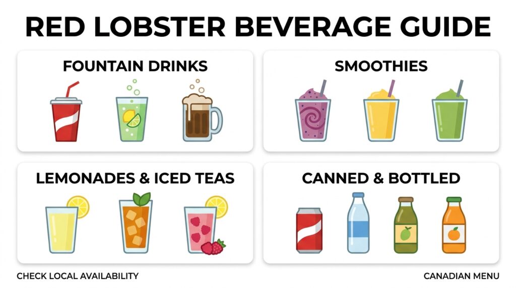Red Lobster Canada beverage category guide showing fountain drinks, smoothies, lemonades and bottled beverages