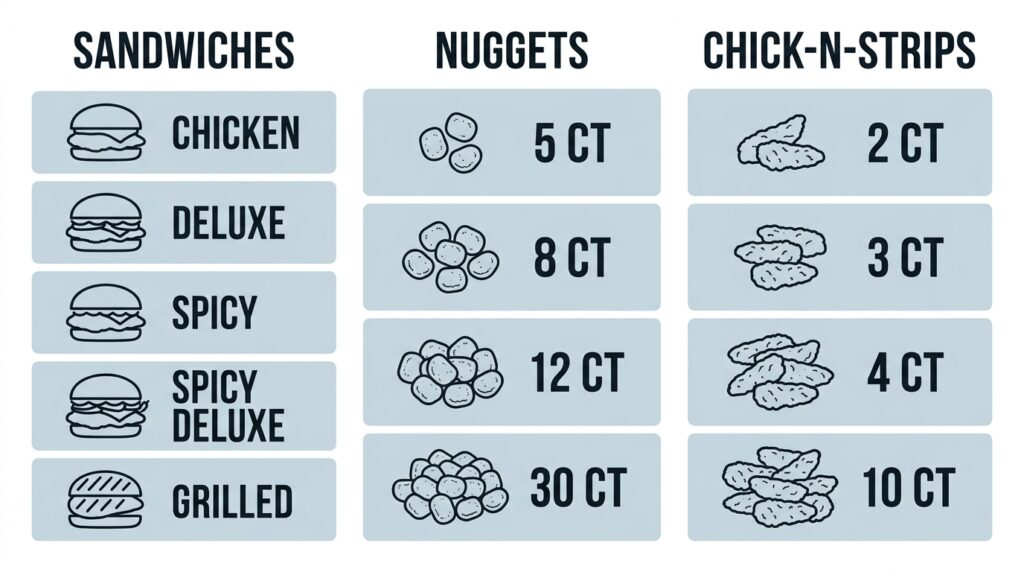 Chick-fil-A Canada chicken menu format comparison showing sandwiches, nuggets and strip counts