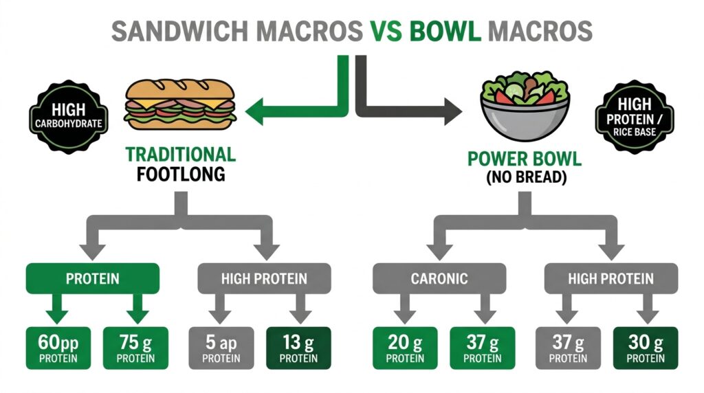Infographic flow chart showing the carbohydrate and macronutrient differences between ordering a standard Footlong sandwich versus a protein-dense Power Bowl