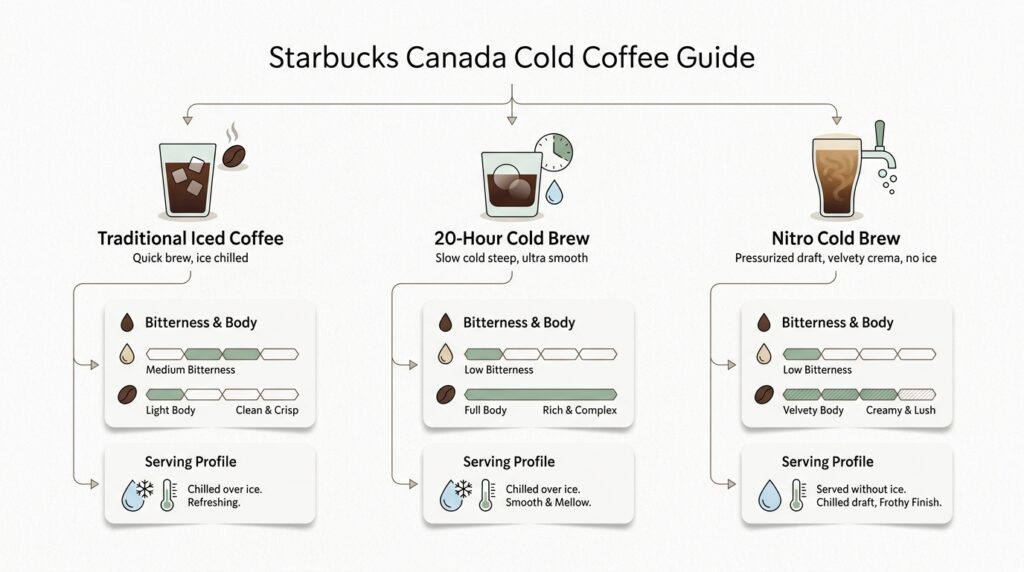 Modern visual decision-tree infographic guiding Canadian customers through Starbucks cold coffee selections including Traditional Iced Coffee, Cold Brew, and Nitro Cold Brew