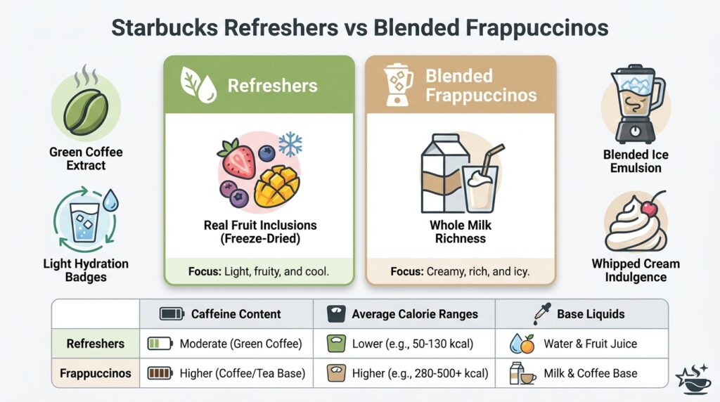 Clean editorial vector comparison card contrasting Starbucks Refreshers against Blended Frappuccinos across caffeine levels, calories, and milk bases