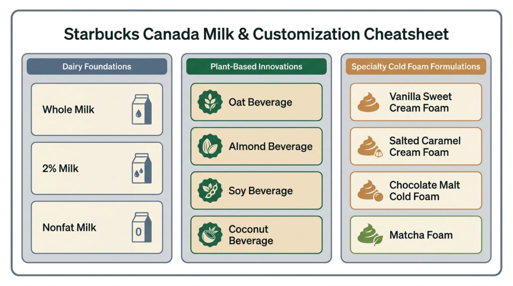 Detailed infographic matrix highlighting Starbucks milk choices, plant-based substitutions, and specialty cold foam upgrades