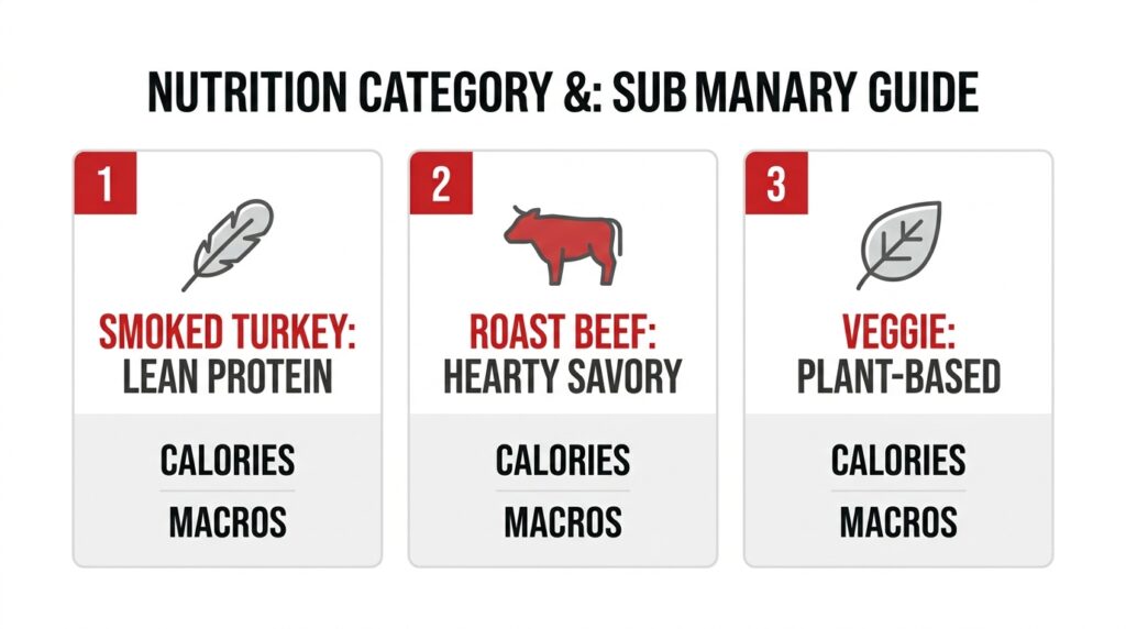 Visual nutrition category card comparing the protein and calorie tiers of turkey, roast beef, and vegetarian subs