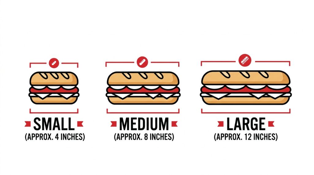 Visual comparison chart illustrating the three standard sub sizes at Firehouse Subs: Small, Medium, and Large, with dimensional measurements