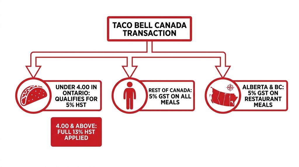 Vector flowchart illustrating Canadian provincial sales tax rules for Taco Bell orders including Ontario under four dollar rebate